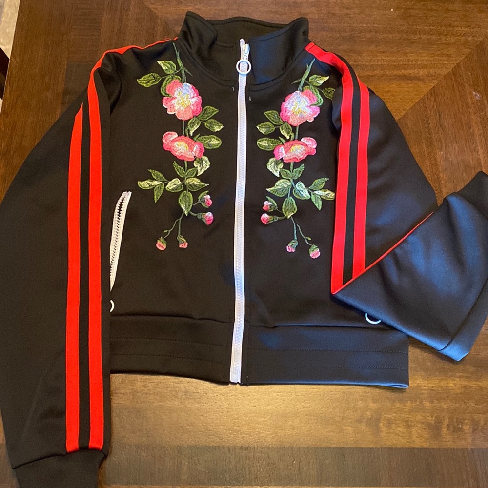 Floral Embroidered Black Jacket with Red Stripes